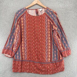 J Jill Top Womens 2X Plus Brown Multi Floral Paisley Long Raglan Sleeve Tunic
